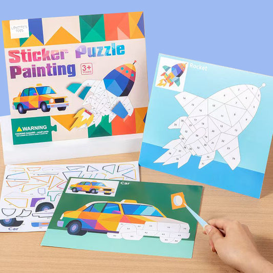 LYNETTE'S TOYS Sticker Puzzle Painting Set, Multicolor, Educational Number Matching,Cognitive Learning with Transportation Patterns, Indoor Activity for Ages 3+, Fine Motor Skills Development