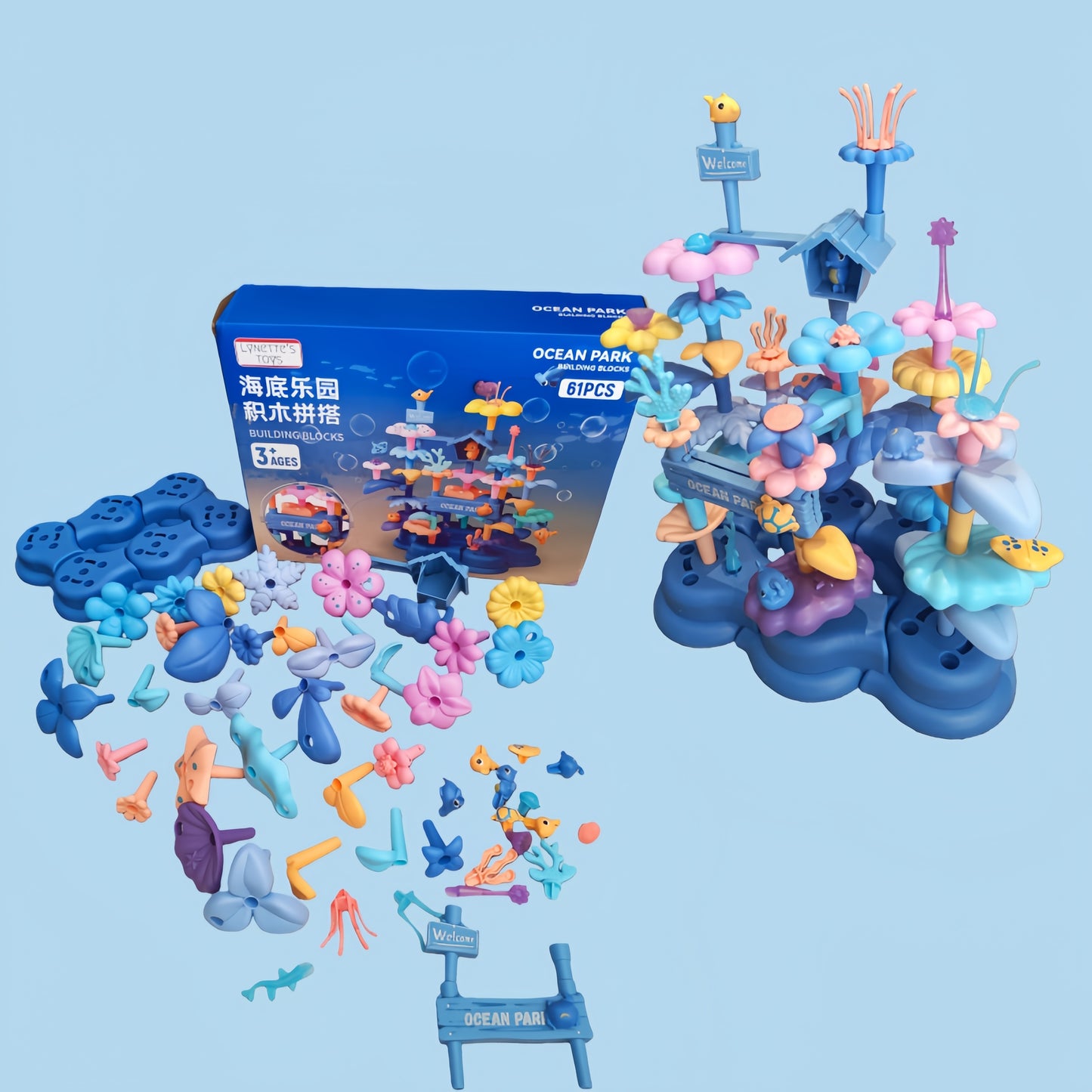 LYNETTE'S TOYS Ocean Park Building Blocks Construction Game Set, 61 Pieces, Ages 3+, Educational Learning Toy